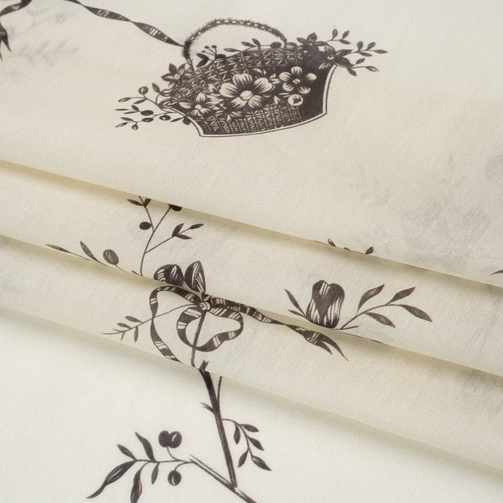 Silk and Cotton Voile Print - Cream and Dark Brown Floral - Folded