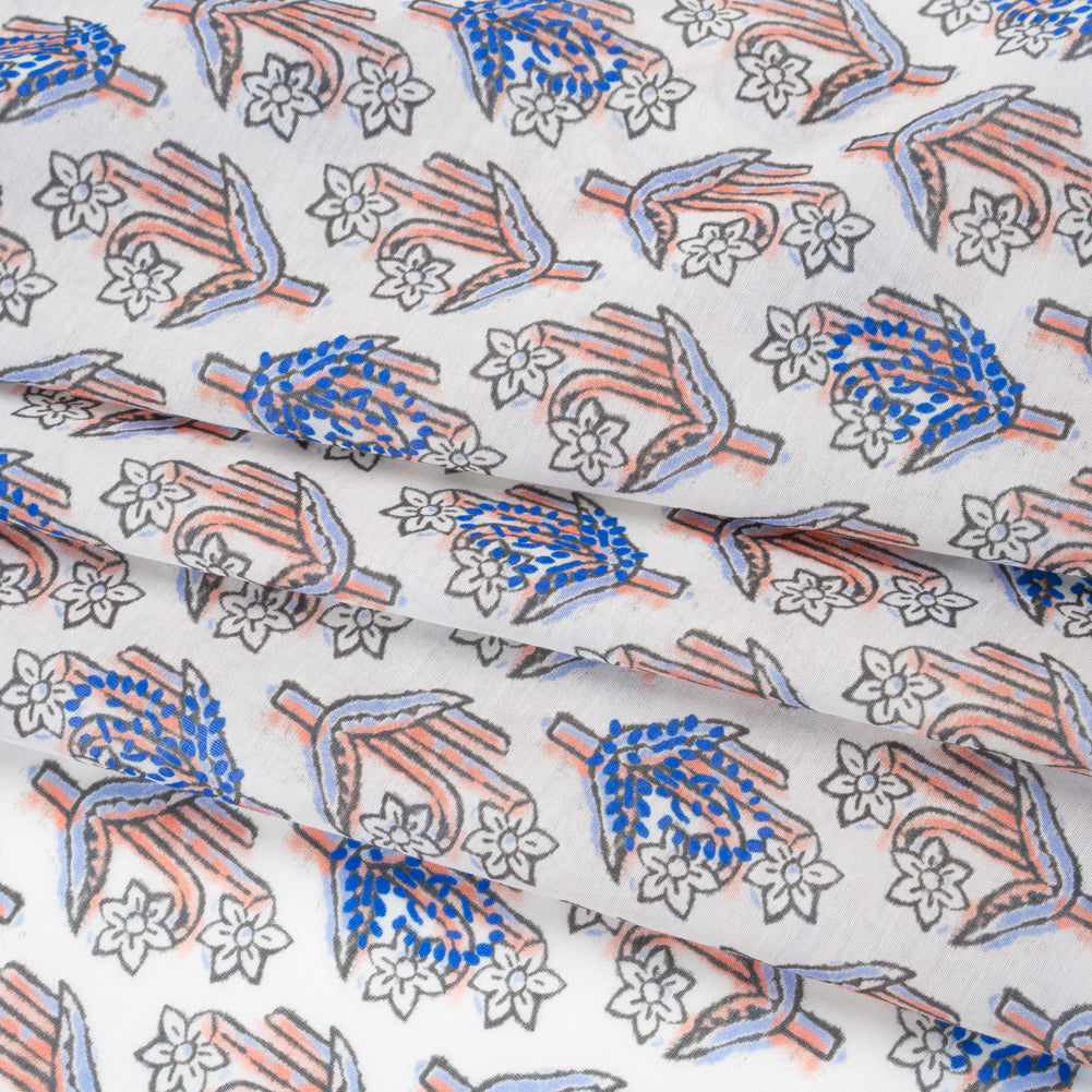 Silk and Cotton Voile Print - Peach, Sky and Cobalt Blue Floral - Folded