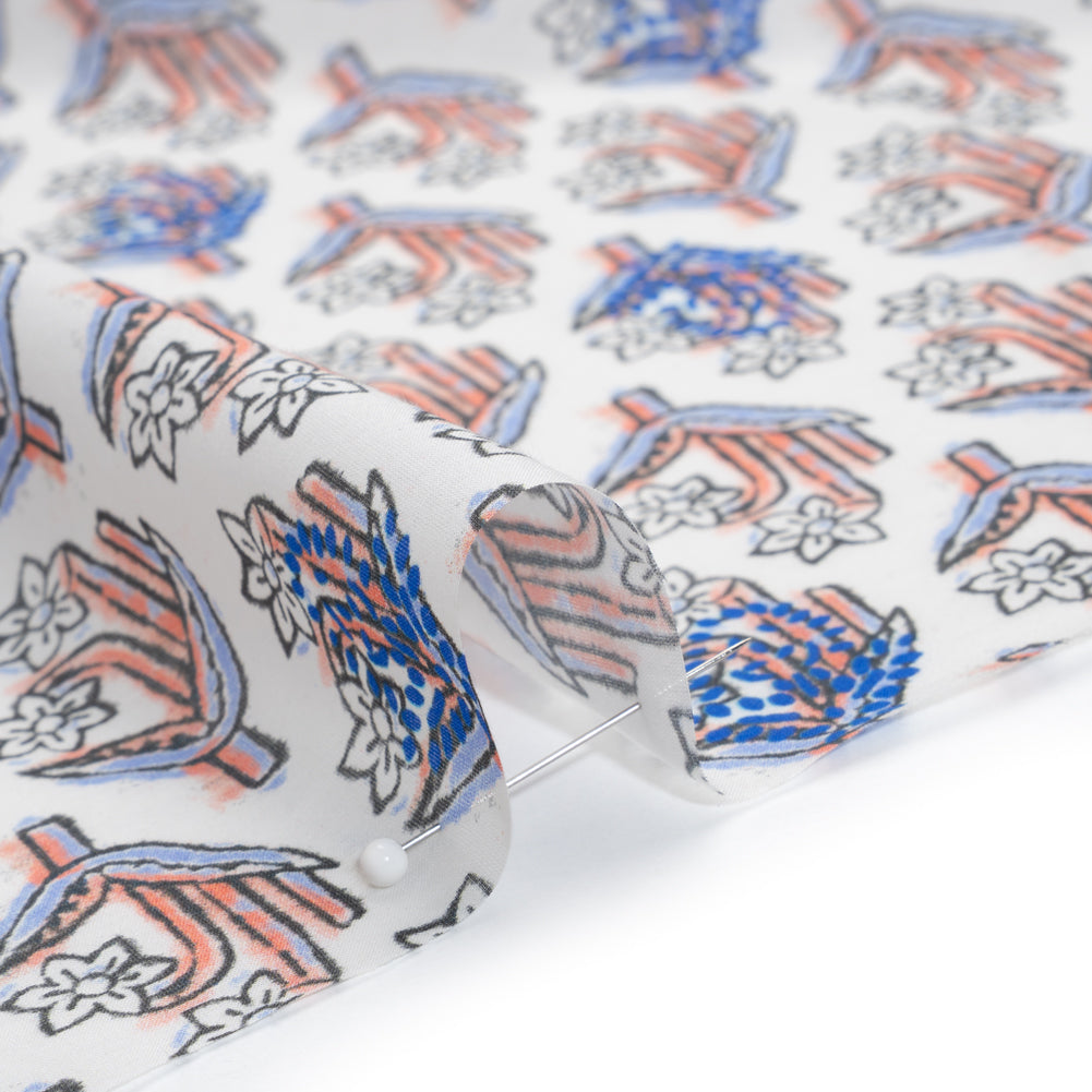 Silk and Cotton Voile Print - Peach, Sky and Cobalt Blue Floral - Detail
