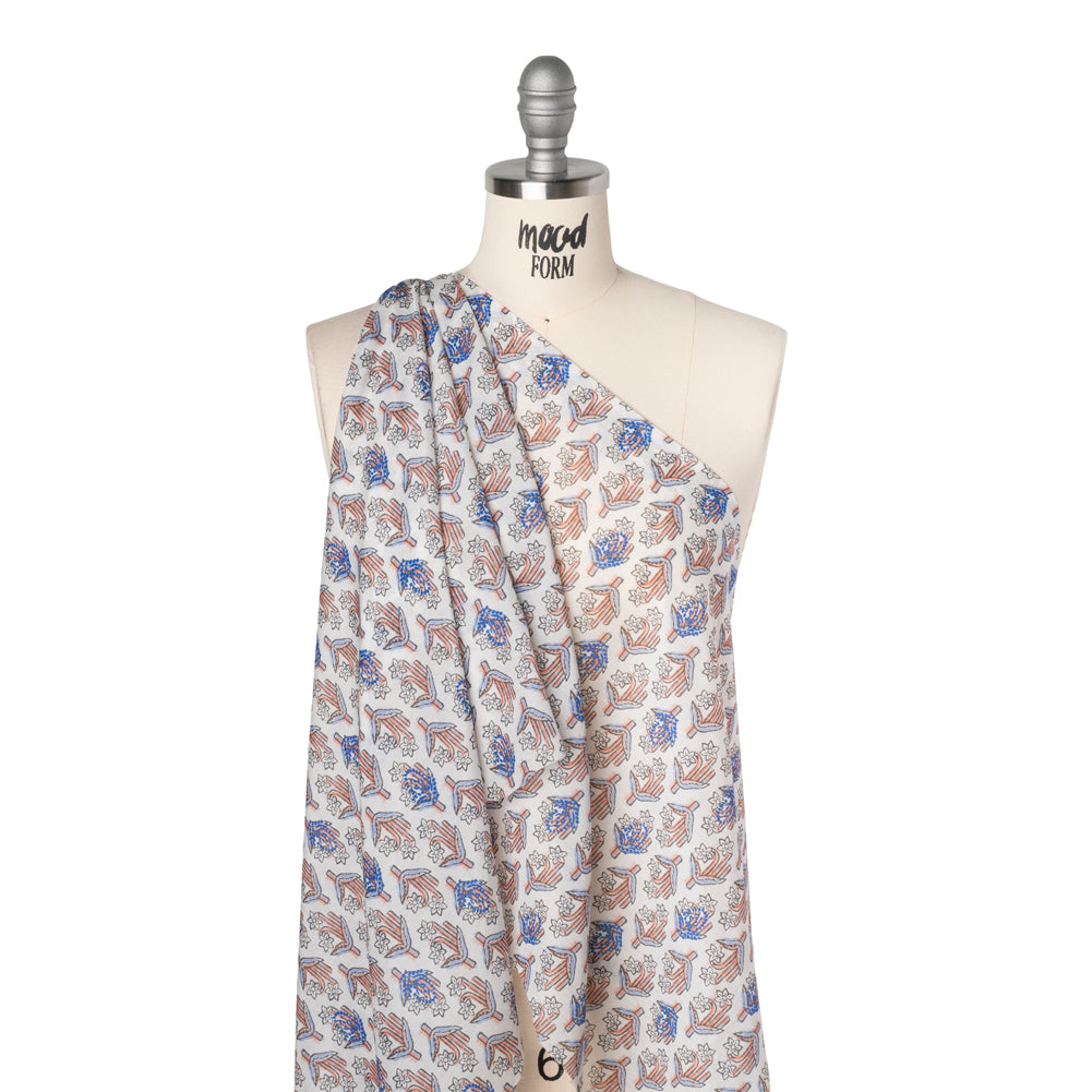Silk and Cotton Voile Print - Peach, Sky and Cobalt Blue Floral - Drape