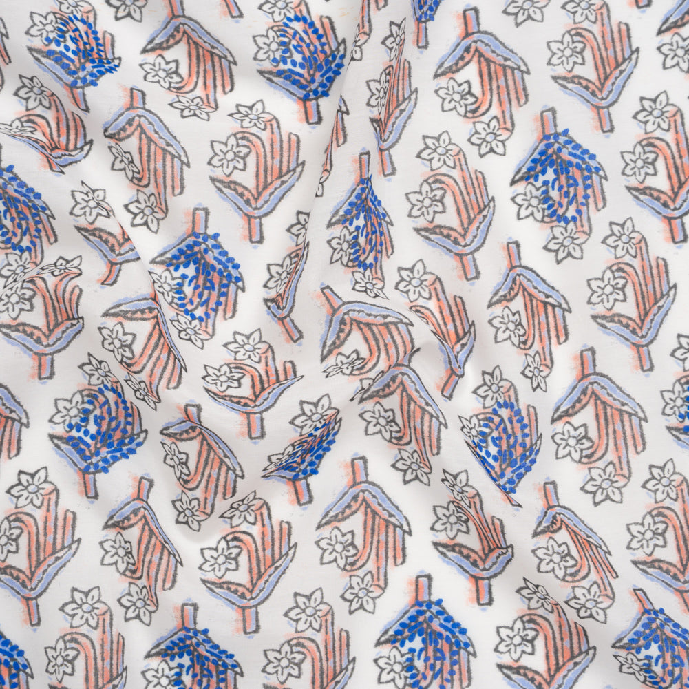 Silk and Cotton Voile Print - Peach, Sky and Cobalt Blue Floral