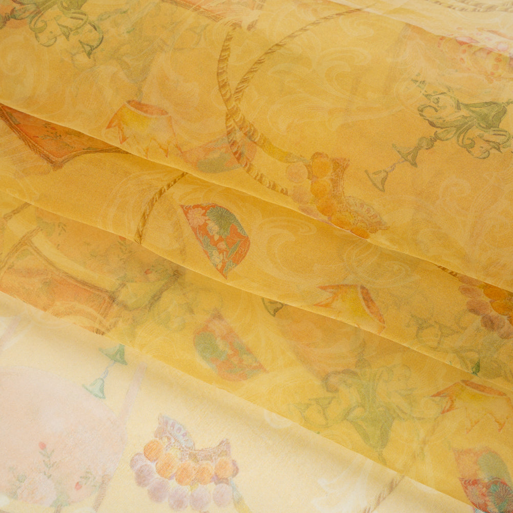Silk Organza Print - Golden Yellow, Green and Orange Chandeliers, Ropes and Chairs - Folded