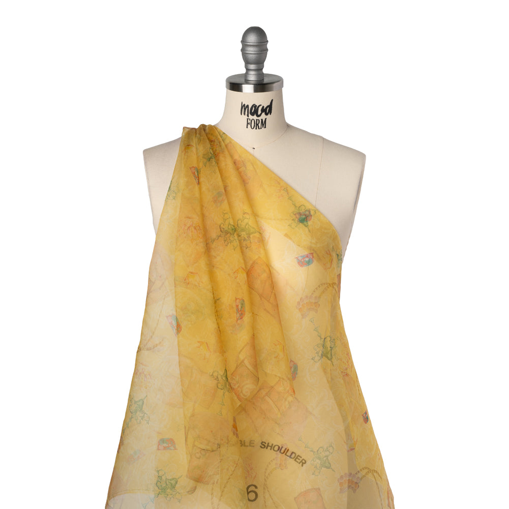 Silk Organza Print - Golden Yellow, Green and Orange Chandeliers, Ropes and Chairs - Drape