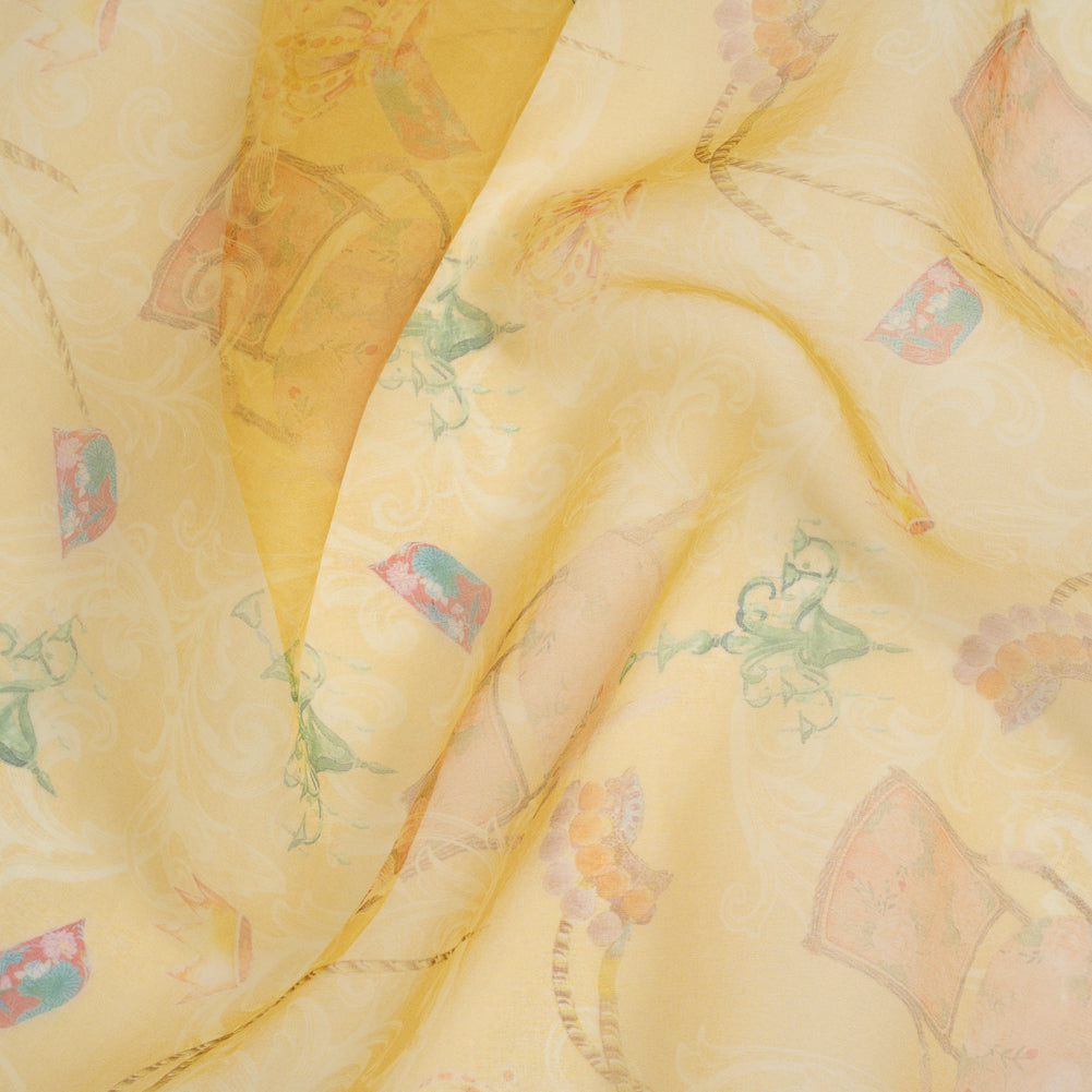 Silk Organza Print - Golden Yellow, Green and Orange Chandeliers, Ropes and Chairs