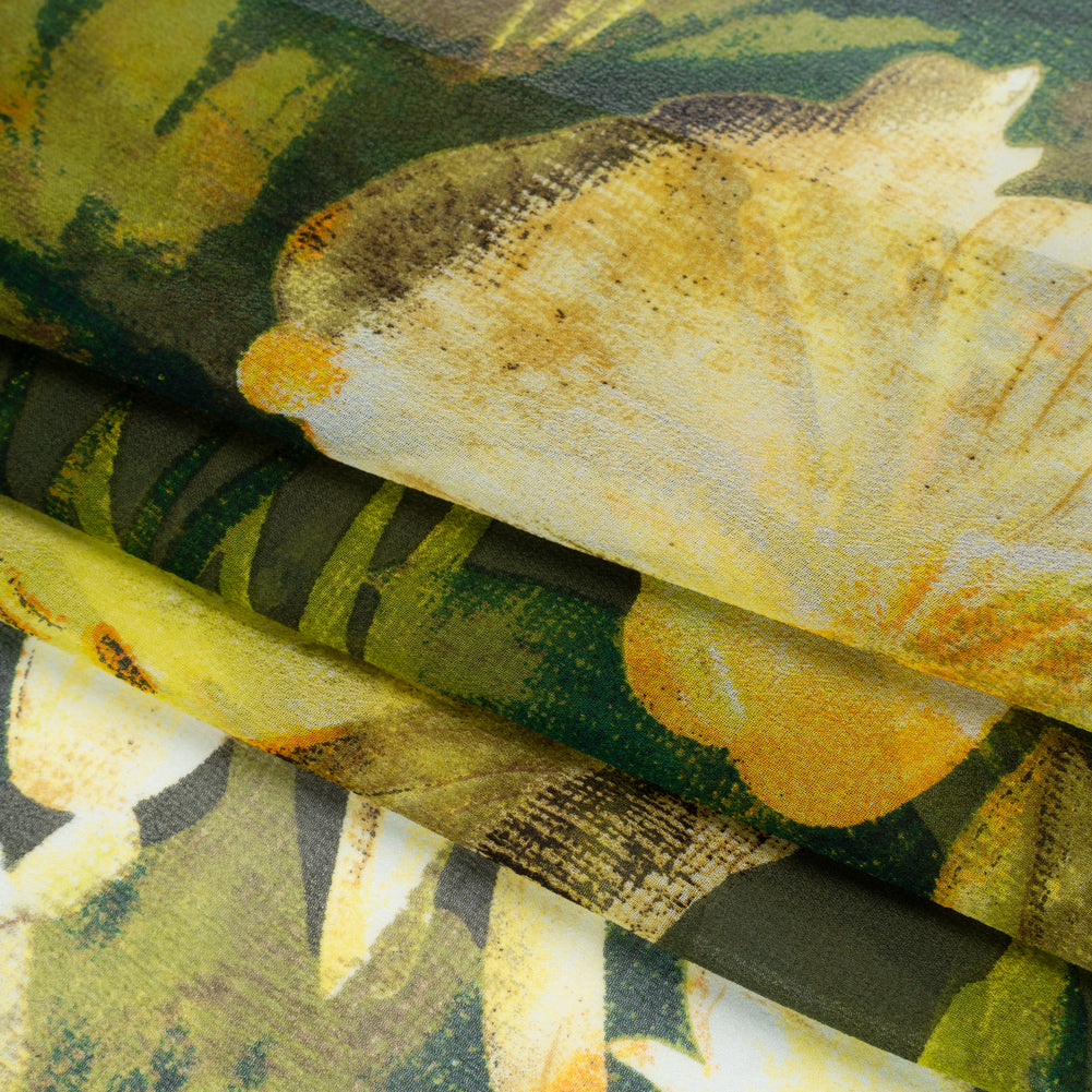 Silk Chiffon Print - Olive, Forest Green and Yellow Cream Jumbo Floral - Folded
