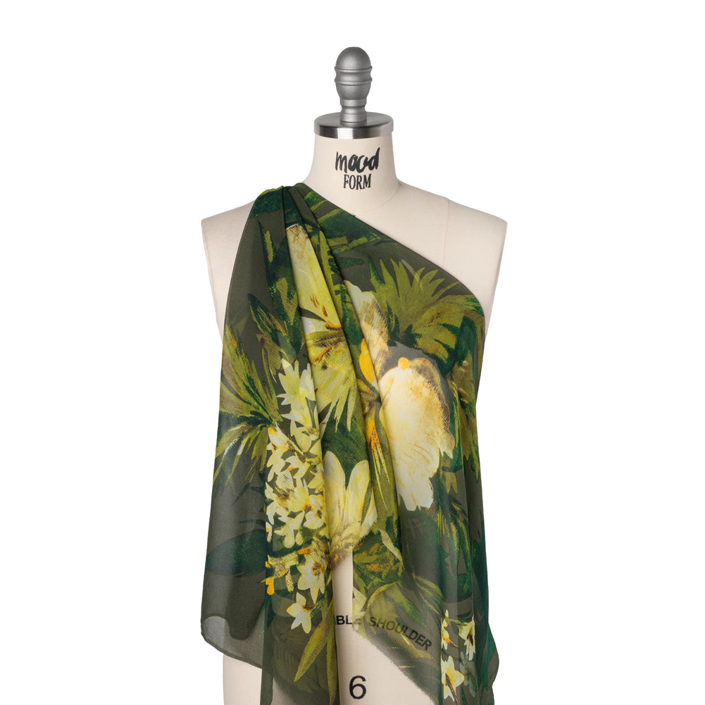 Silk Chiffon Print - Olive, Forest Green and Yellow Cream Jumbo Floral - Drape