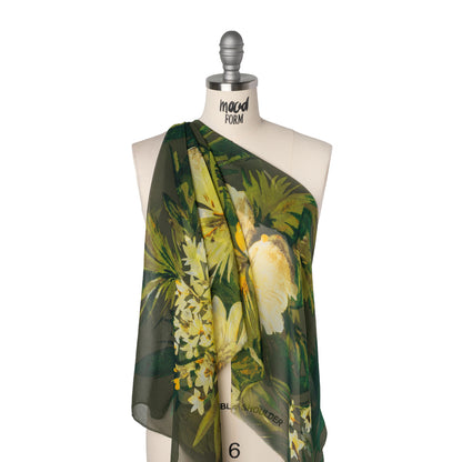 Silk Chiffon Print - Olive, Forest Green and Yellow Cream Jumbo Floral