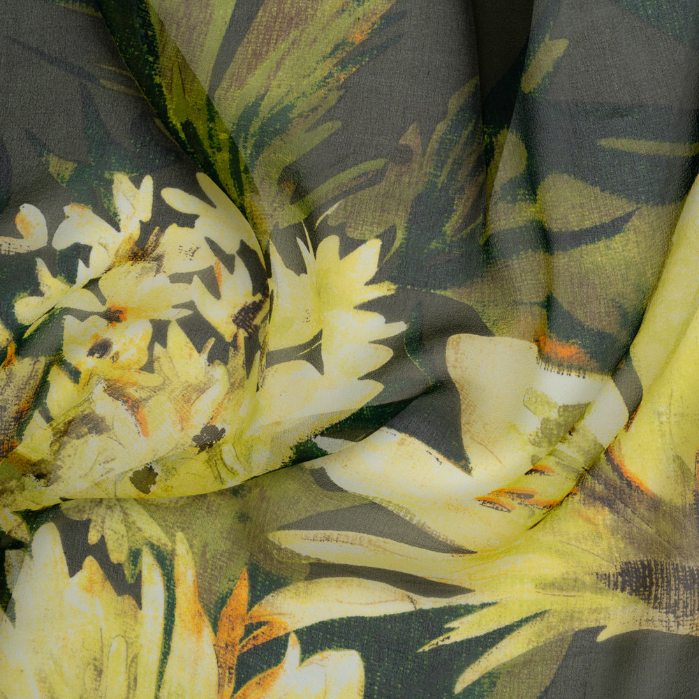 Silk Chiffon Print - Olive, Forest Green and Yellow Cream Jumbo Floral