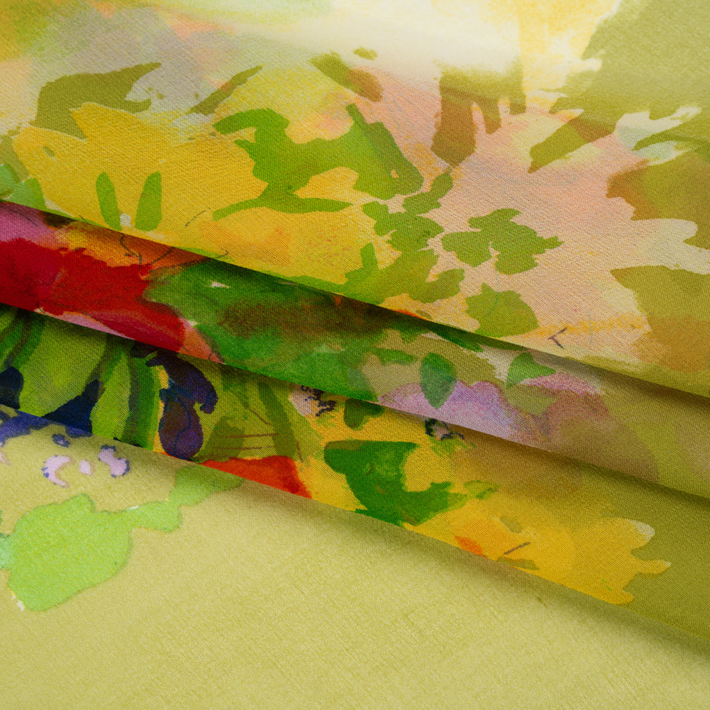 Silk Chiffon Panel - Chartreuse, Red and Orange Floral Bouquet - Deadstock - Folded