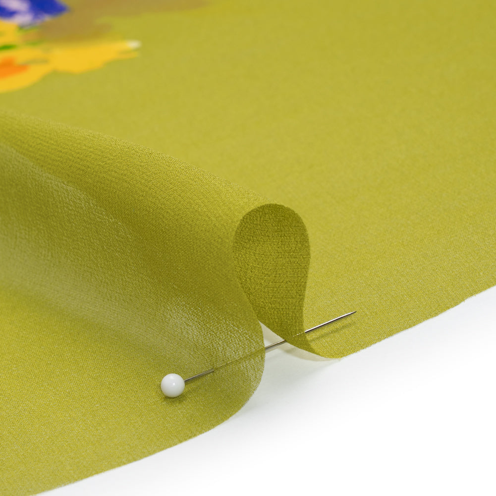 Silk Chiffon Panel - Chartreuse, Red and Orange Floral Bouquet - Deadstock - Detail