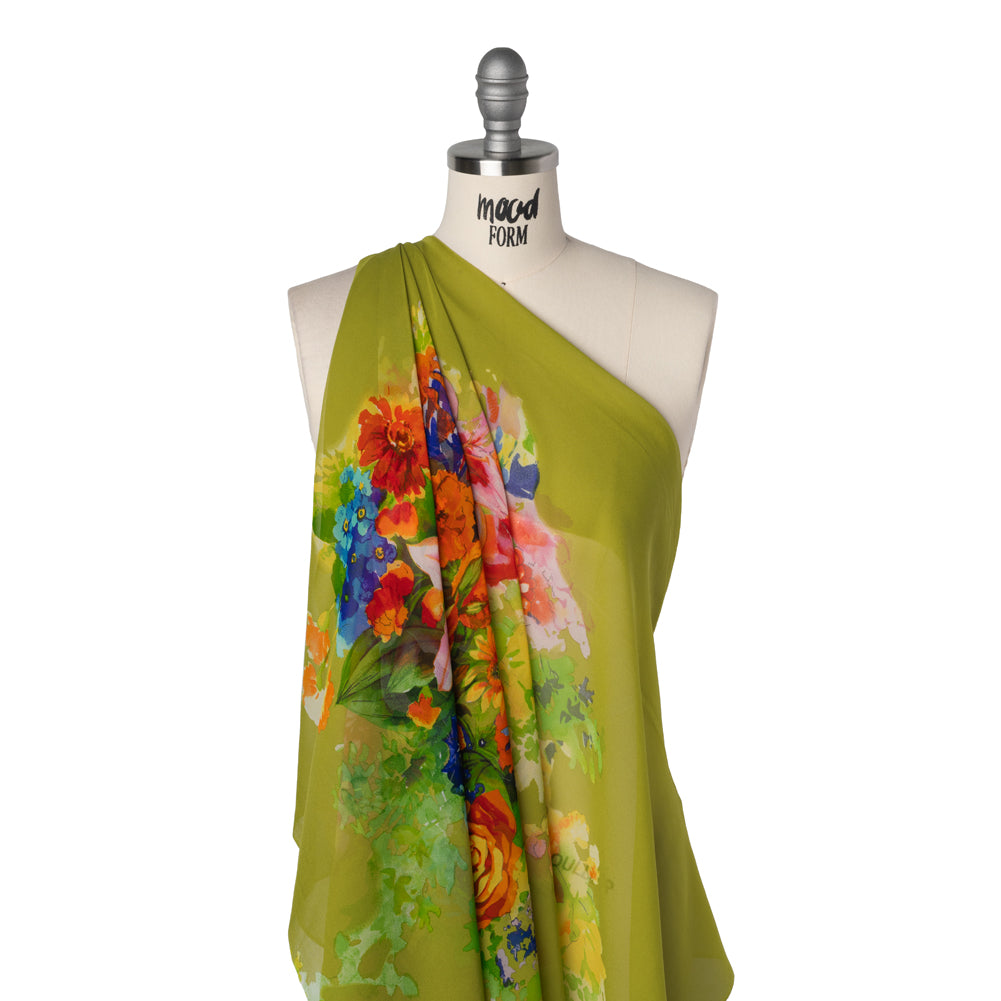 Silk Chiffon Panel - Chartreuse, Red and Orange Floral Bouquet - Deadstock - Drape