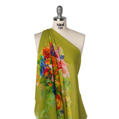 Silk Chiffon Panel - Chartreuse, Red and Orange Floral Bouquet - Deadstock