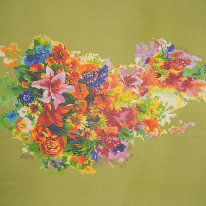 Silk Chiffon Panel - Chartreuse, Red and Orange Floral Bouquet - Deadstock