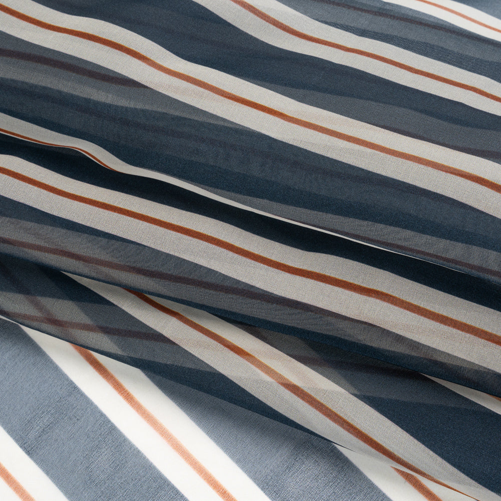 Silk Organza Print - Navy, Burnt Orange and White Stripes - Folded