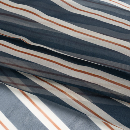 Silk Organza Print - Navy, Burnt Orange and White Stripes
