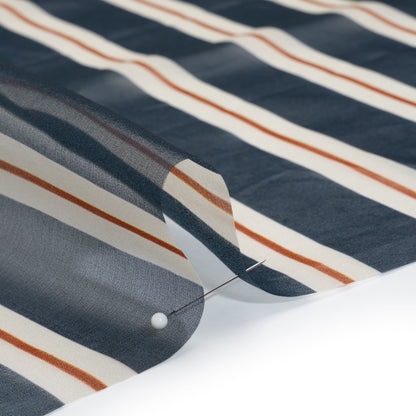 Silk Organza Print - Navy, Burnt Orange and White Stripes