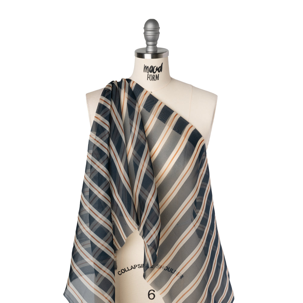 Silk Organza Print - Navy, Burnt Orange and White Stripes - Drape