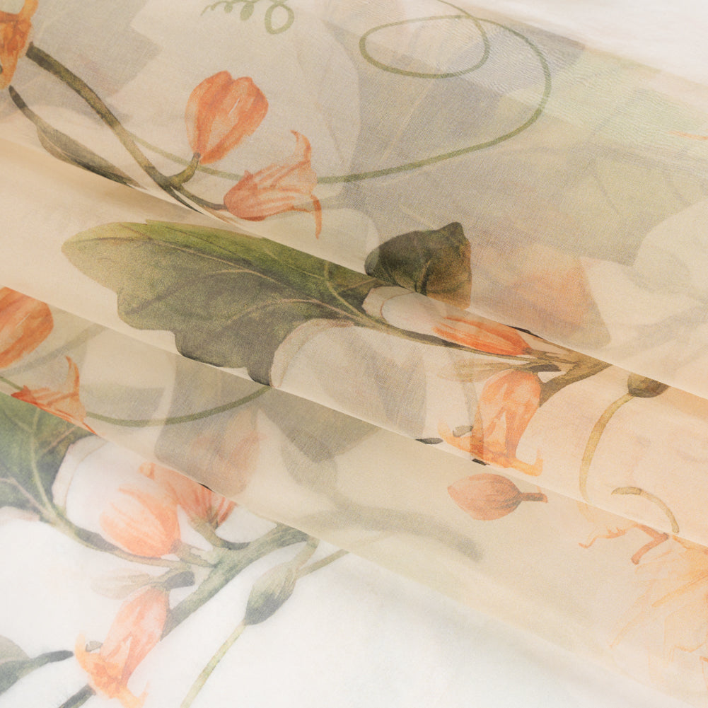 Silk Organza Print - Peach, Green and Cream Floral - Folded