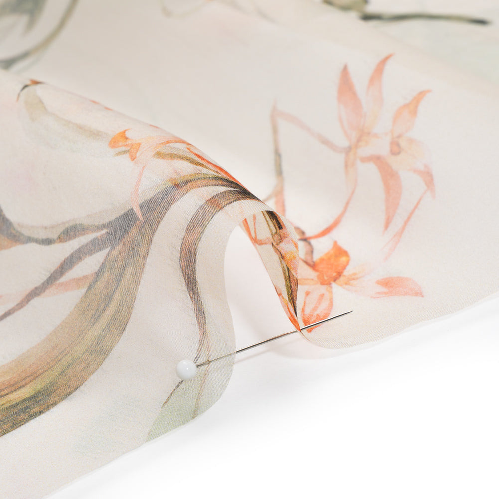Silk Organza Print - Peach, Green and Cream Floral - Detail