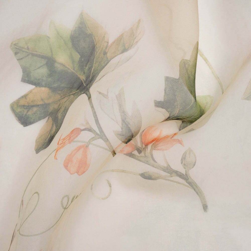 Silk Organza Print - Peach, Green and Cream Floral
