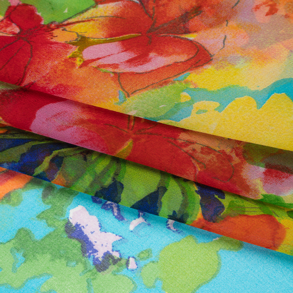 Silk Chiffon Panel - Turquoise, Orange and Green Floral Bouquet - Folded