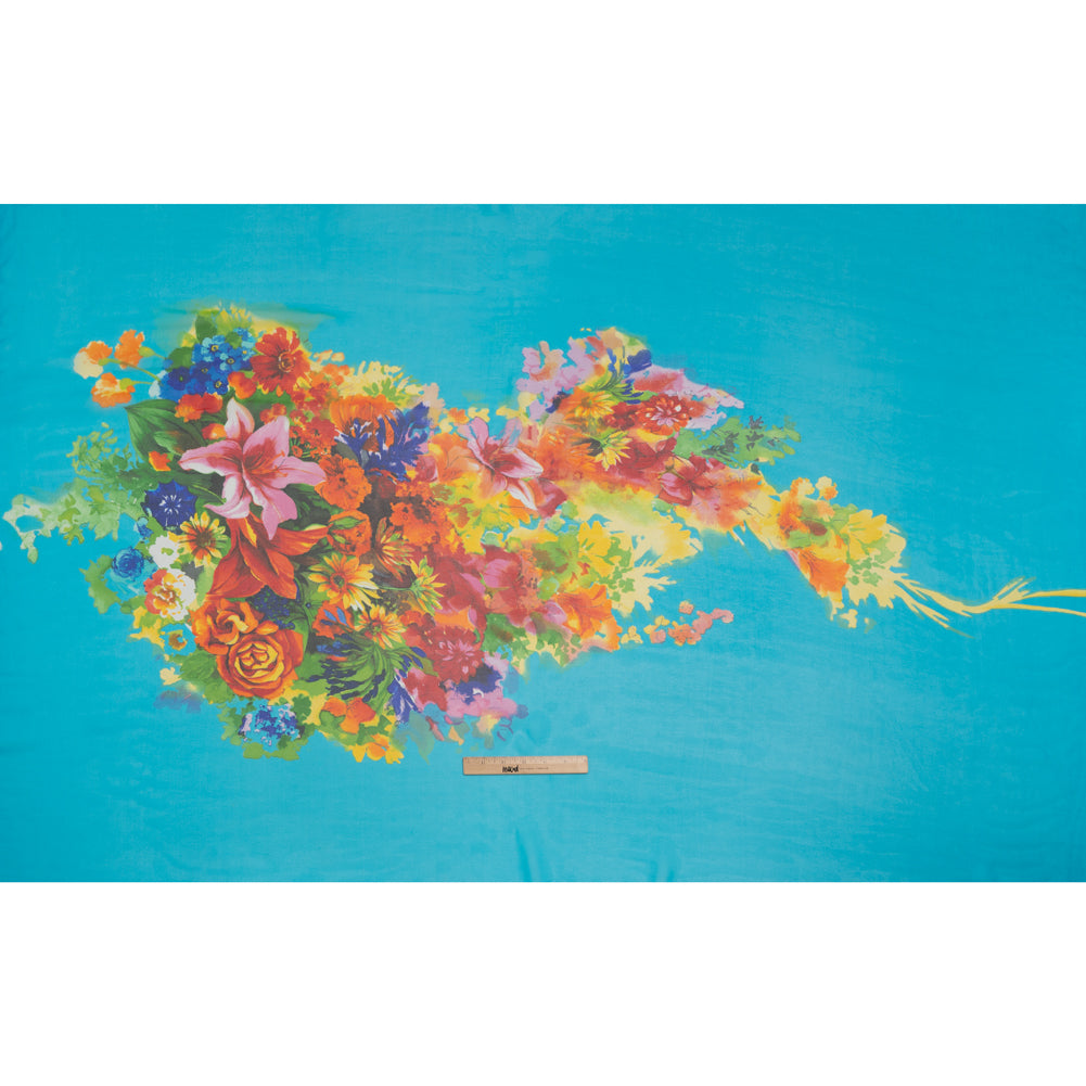 Silk Chiffon Panel - Turquoise, Orange and Green Floral Bouquet - Full