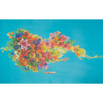 Silk Chiffon Panel - Turquoise, Orange and Green Floral Bouquet