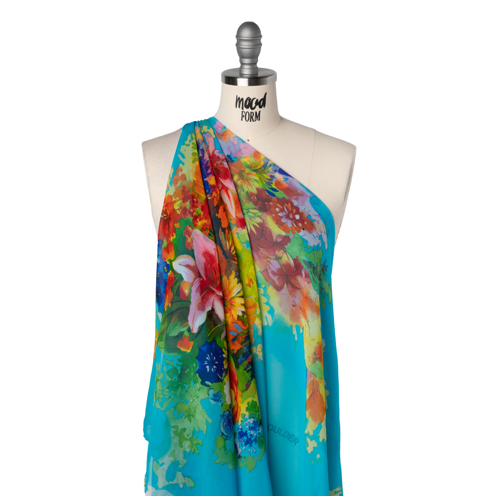 Silk Chiffon Panel - Turquoise, Orange and Green Floral Bouquet - Drape