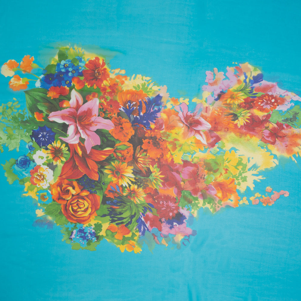 Silk Chiffon Panel - Turquoise, Orange and Green Floral Bouquet