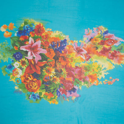 Silk Chiffon Panel - Turquoise, Orange and Green Floral Bouquet
