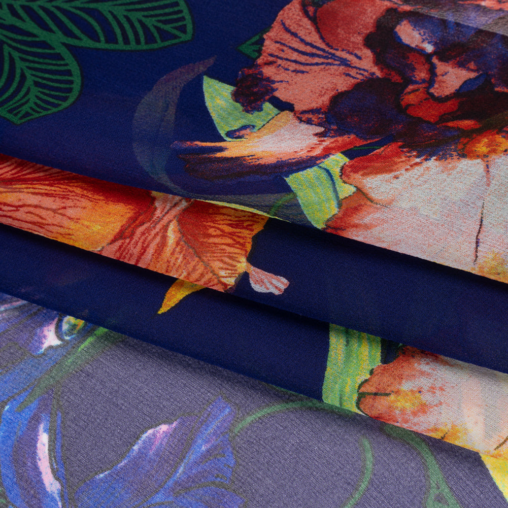 Silk Chiffon Print - Purple, Red and Spring Green Tropical Floral - Folded