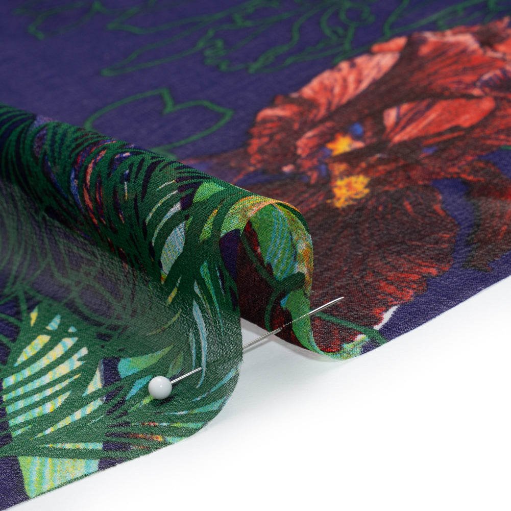 Silk Chiffon Print - Purple, Red and Spring Green Tropical Floral - Detail