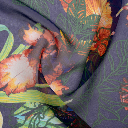 Silk Chiffon Print - Purple, Red and Spring Green Tropical Floral