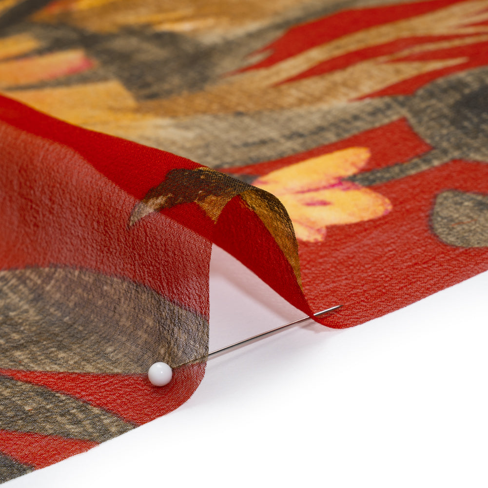 Silk Chiffon Print - Red, Olive and Yellow Jumbo Floral - Detail