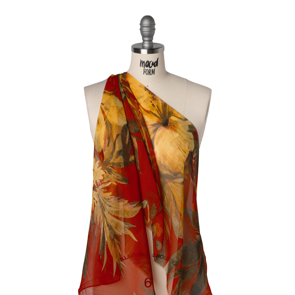 Silk Chiffon Print - Red, Olive and Yellow Jumbo Floral - Drape