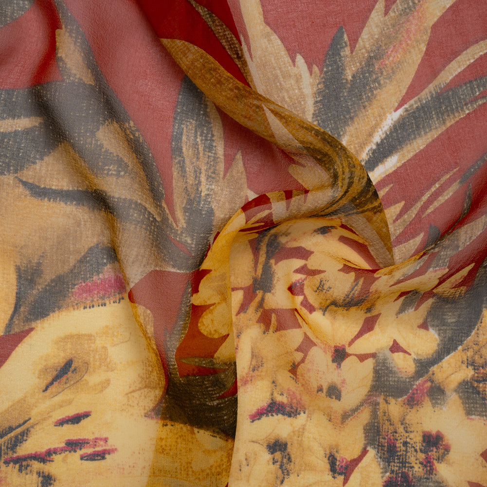 Silk Chiffon Print - Red, Olive and Yellow Jumbo Floral
