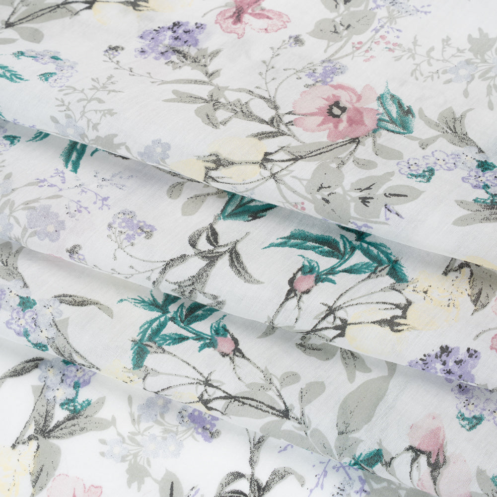 Silk and Cotton Voile Print - Baby Pink, Butter Yellow and Light Gray Floral - Folded
