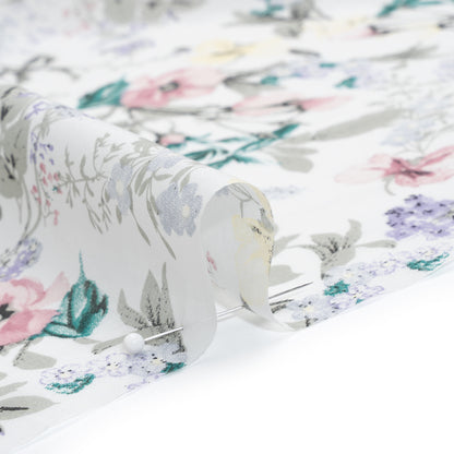 Silk and Cotton Voile Print - Baby Pink, Butter Yellow and Light Gray Floral