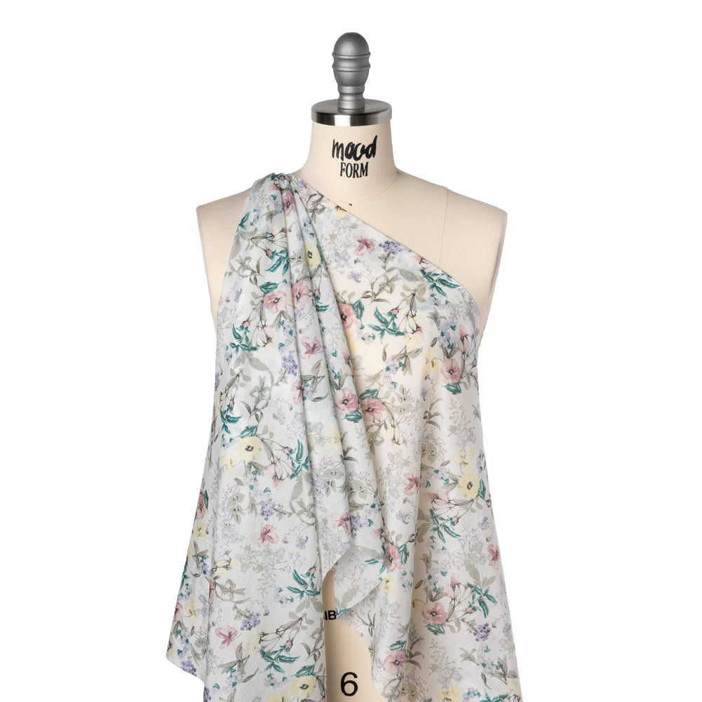 Silk and Cotton Voile Print - Baby Pink, Butter Yellow and Light Gray Floral - Drape