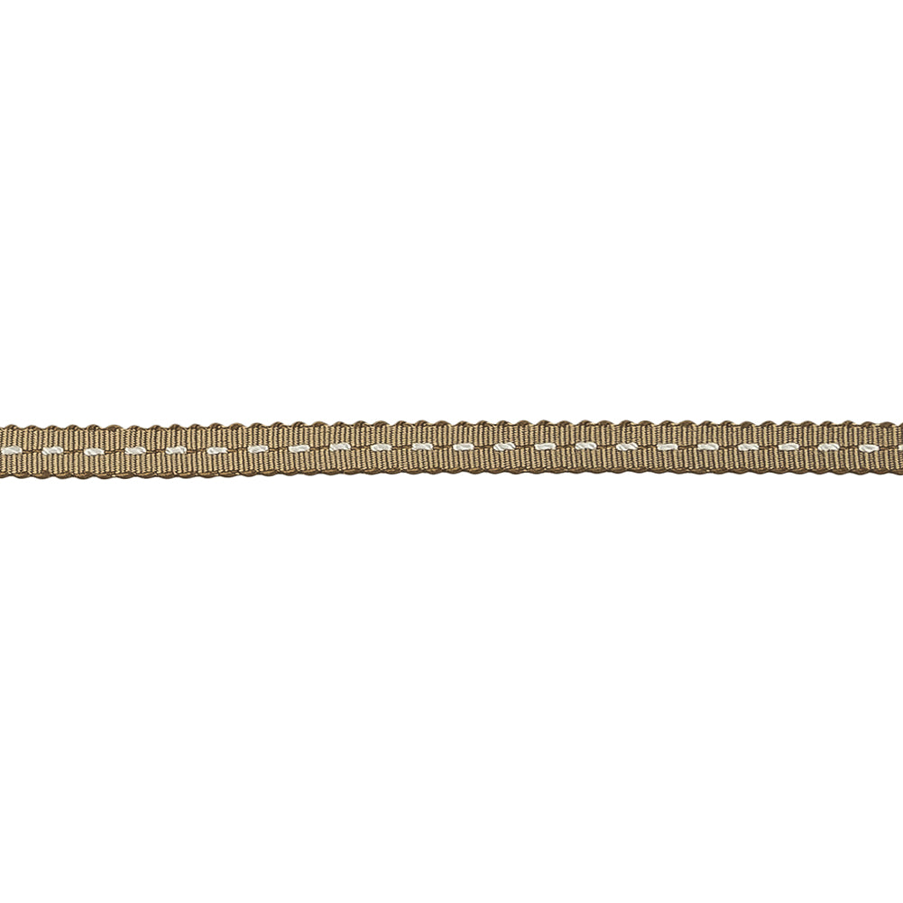 Chai Tea and White Stitched Grosgrain Ribbon - 0.19" Detail