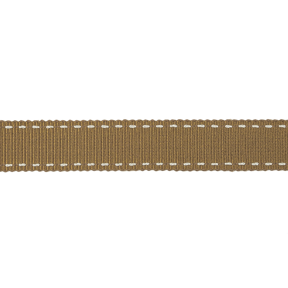 Chai Tea and White Stitched Grosgrain Ribbon - 0.6" Detail
