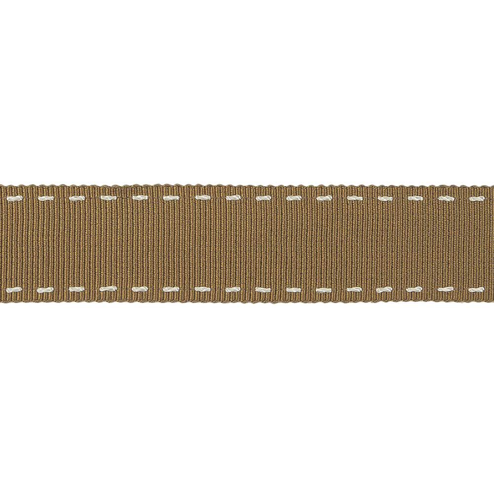 Chai Tea and White Stitched Grosgrain Ribbon - 0.8"