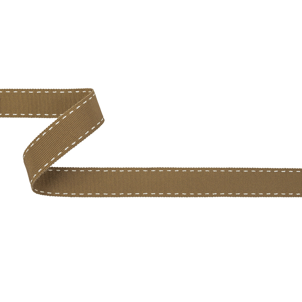 Chai Tea and White Stitched Grosgrain Ribbon - 0.8"
