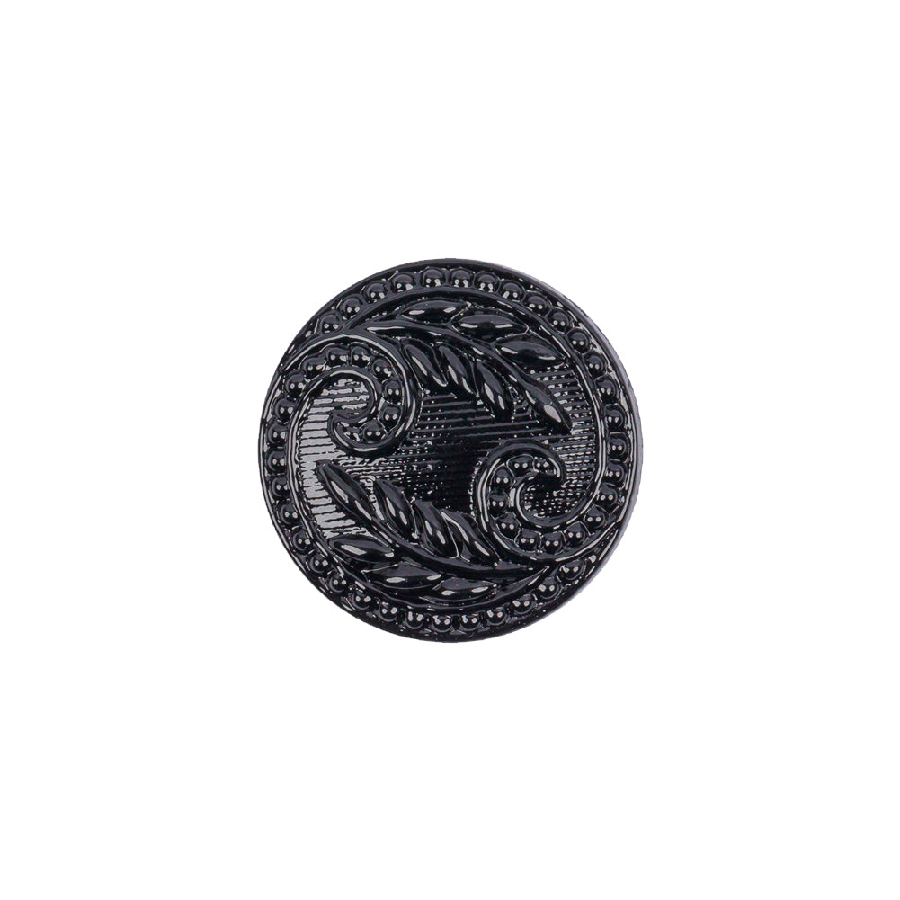 Black Floral Leaf Glass Shank Back Button - 28L/18mm