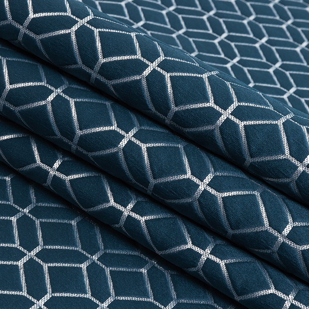 Polyester Jacquard - Indigo Tiled Geometric - British Imported Folded