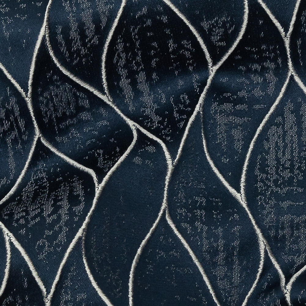Polyester Jacquard - Indigo Leafy Lines - British Imported Detail