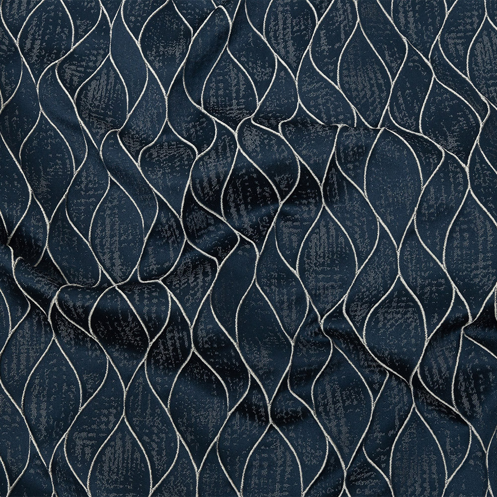Polyester Jacquard - Indigo Leafy Lines - British Imported