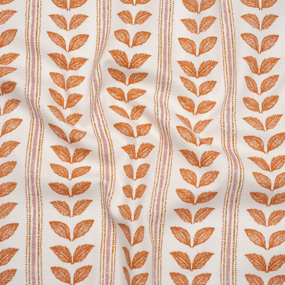 Cotton Canvas Print - Tangerine Leaves and Stripes - British Imported