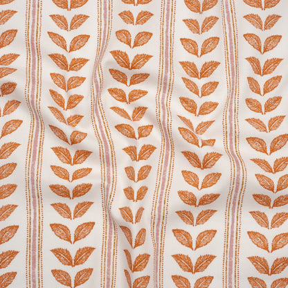 Cotton Canvas Print - Tangerine Leaves and Stripes - British Imported