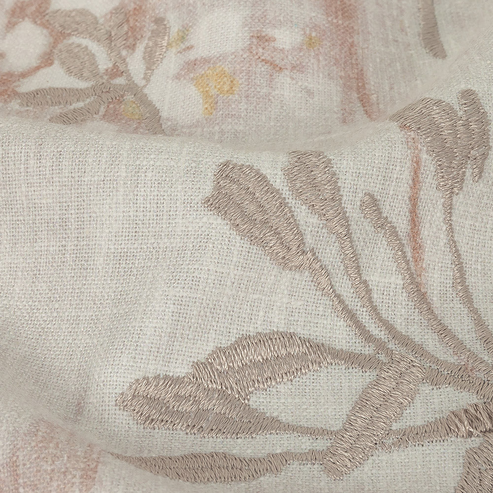 Printed and Embroidered Drapery Canvas - Dusky Pink Floral - British Imported Detail